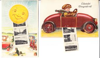 Kőszeg és Visegrád - 2 db háború előtti, vidám, autós magyar városképes leporello képeslap szép állapotban