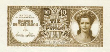 1943. 10P eredeti klisével 1970 körül MNB által újranyomott bankjegy (forgalomba nem került) csak 400-500db létezik belőle!! T:II Egyszer hajtva, nem törve! RRR!!!