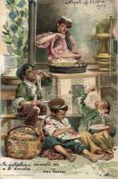 Italian folklore, Naples, spagetti cooking litho s: Valle
