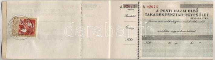 1921. "Pesti Hazai Első Takarékpénztár Egyesület" csakkfüzet 9db csekkel, hátoldalon okmánybélyeggel T:I