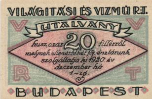 Budapest 1920. "Világítási és Vízmű R.T." Utalványa 20f, 50f, 1K, 2K, 5K, 10K T:I