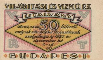 Budapest 1920. "Világítási és Vízmű R.T." Utalványa 20f, 50f, 1K, 2K, 5K, 10K T:I