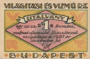 Budapest 1920. "Világítási és Vízmű R.T." Utalványa 20f, 50f, 1K, 2K, 5K, 10K T:I