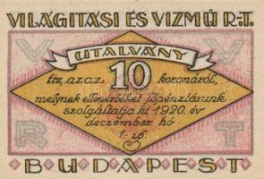Budapest 1920. "Világítási és Vízmű R.T." Utalványa 20f, 50f, 1K, 2K, 5K, 10K T:I
