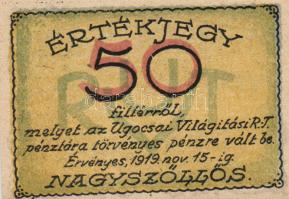 Nagyszőllős 1919. "Ugocsai Világítási Rt." értékjegy 50f, 1K, 2K, 3K, 5K T:I