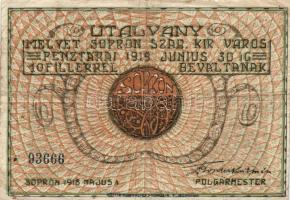 Sopron 1918. május 1. 10f utalvány + 1919.01.01. Városi utalvány 50f T:III