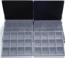2db Éremtartó kazetta, egyenként 1 kivehető tálcával, 24 férőhellyel 50x50mm, új állapotban, egyik fekete, másik kék.
