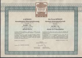 1991. "A BŐRKER Kereskedelmi Részvénytársaság" 2x10.000Ft névértékű bemutatóra szóló részvénye osztalékszelvényekkel T:1