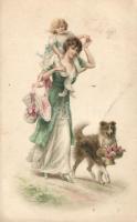 Lady and the dog, litho (EK)