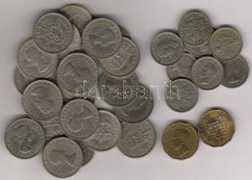 69db angol fémpénz gyűjtemény, különböző évszámok  1P (30x), 3P (2x), 6P (8x), 1Sh (21x), 2Sh (10x)