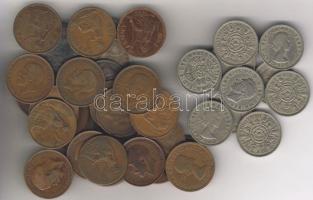 69db angol fémpénz gyűjtemény, különböző évszámok  1P (30x), 3P (2x), 6P (8x), 1Sh (21x), 2Sh (10x)
