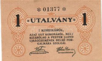 ~1920. "Pester Lloyd" utalvány 1K bélyegző nélkül (10x) egymás utáni sorszámmal! T:I