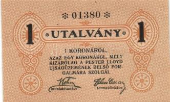 ~1920. "Pester Lloyd" utalvány 1K bélyegző nélkül (10x) egymás utáni sorszámmal! T:I