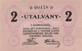 ~1920. "Pester Lloyd" utalvány 2K bélyegző nélkül (2x) T:I