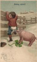 New Year pig, humour Emb. litho