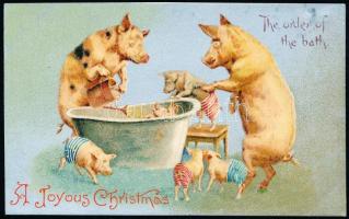 Christmas, New Year pigs humour litho