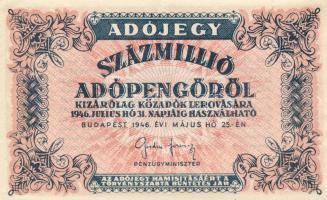 1946. 100.000.000Adópengő vastag papír T:I