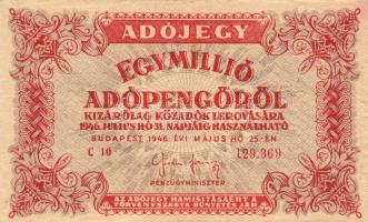 1946. 1.000.000Adópengő vízjeles papíron, magas sorszám, fordított címer T:II+ egyszer hajtva