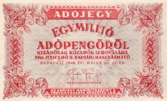 1946. 1.000.000Adópengő vastag papír, sorszám és vízjel nélkül T:I