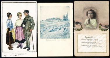 21 db régi katonai motívumlap, köztük két levelezőlap katonai bélyegzéssel és egy fotólappal: Ponthíd a Dunán