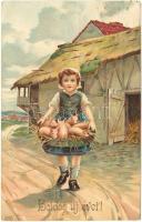 New Year, pigs, girl, litho (b)