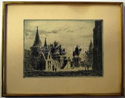 Három darab jelzés nélküli rézkarc, Budapest nevezetes helyeiről, üvegezett kerettel (3×) 13×18 cm