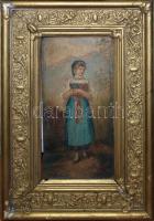 Jelzés nélkül, fiatal hölgy virággal, olaj, farost, cca 1870, piszkos, apró hibákkal a kereten, kerettel 47×32 cm