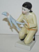 Hollóházi kislány a babájával, jelzett, hibátlan, m:12 cm