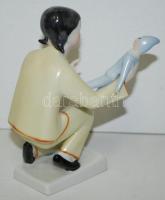 Hollóházi kislány a babájával, jelzett, hibátlan, m:12 cm