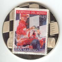 Kongó 2007. 5Fr "Michael Schumacher - San Marino" nagyméretű multicolor bélyeg érem (50mm) T:PP Csak 4000db! Congo 2007. 5 Francs CuNi "Michael Schumacher - San Marino" multicolor stamp coin (50mm) C:PP Only 4000 examples!
