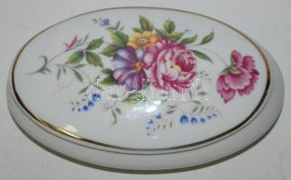 Hollóházi ovális porcelán virágmintás doboz, matricás, jelzett