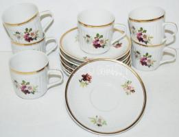 Hat darabos hollóházi mokkás csésze és csészealj, hibátlan, jelzett, matricás