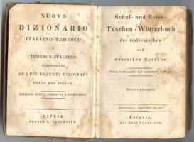 Schul- und Reise- Taschen-Wörterbuch der italienischen und deutschen Sprache. Stereotypausgabe. Italienisch-deutscher Theil. Leipzig, o.J., Karl Tauchnitz. Viseltes papírkötésben, itt-ott ceruzás firkával, foltokkal /  Paper binding, somewhat worn condition