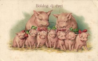 New Year pig family litho (EB)