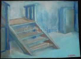 Lieber Éva (1932-2005): Lépcső kékben, tempera, papír, jelzett, 30,5x41,5cm