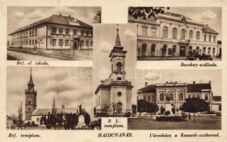 Hajdúnánás Bocskay Szálloda, Városháza, Kossuth szobor, Református templom és iskola