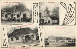 Porládony Pollák Károly kereskedése, Postahivatal, Harang torony, Evangélikus iskola