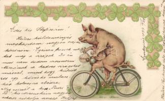 1899 New Year, Pig bicycle litho