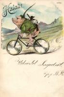 1899 Halali! cycling pig hunter litho
