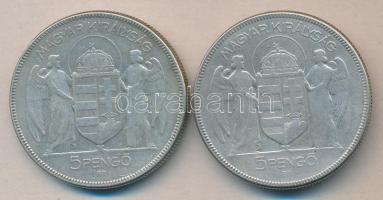 1930. 5P Ag "Horthy-jobbra" (2x) T:3