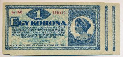 1920. 1K piros "aa" sor és sorozatszám (3x) egymás utáni sorszámokkal T:I-,II