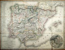 1810 Charles Picquet (1771-1827) - Lapie: Carte des routes de postes et itinéraires d'Espagne et de Portugal. Spanyolország és Portugália postai térképe Madrid környéke melléklettel. Kartonon helyreállított cca 1880 /  Post route map of Spain and Portugal with inset of Madrid area. Cca 1880 restored, mounted on paper. 60x46,5cm