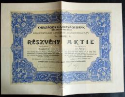 Budapest 1927. "Országos Gazdasági Bank Részvénytársaság" részvénye 10P-ről szelvényekkel, magyar és német nyelven