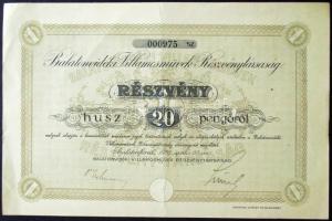 Balatonfüred 1926. "Balatonvidéki Villamosművek Részvénytársaság" részvénye 20P-ről