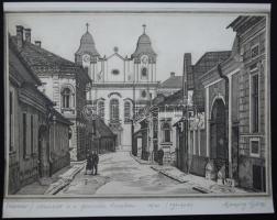 Aranyossy György (1944): Kolozsvári utcarészlet a piaristák templomával, rézkarc, papír, jelzett, 38/100, 23,5x30cm