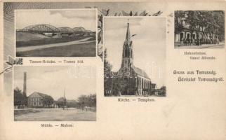 Temesság railway station, mill, bridge, church