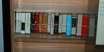 40db minikönyv a tárolásukra szolgáló vitrinben, 48x50x9cm