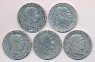 Ausztria 1893-1913. 1K Ag (5x) 4klf évszámmal T:Vegyes
Austria 1893-1913. 1 Korona Ag (5x) with 4 va...