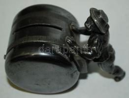 cca 1900 Hordót görgető fiút formázó kis fém persely, belül ezüstözött / 
Money box with silver plat...