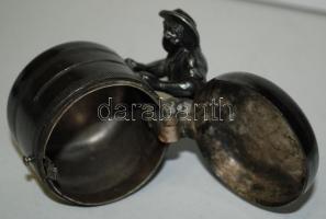 cca 1900 Hordót görgető fiút formázó kis fém persely, belül ezüstözött / 
Money box with silver plat...